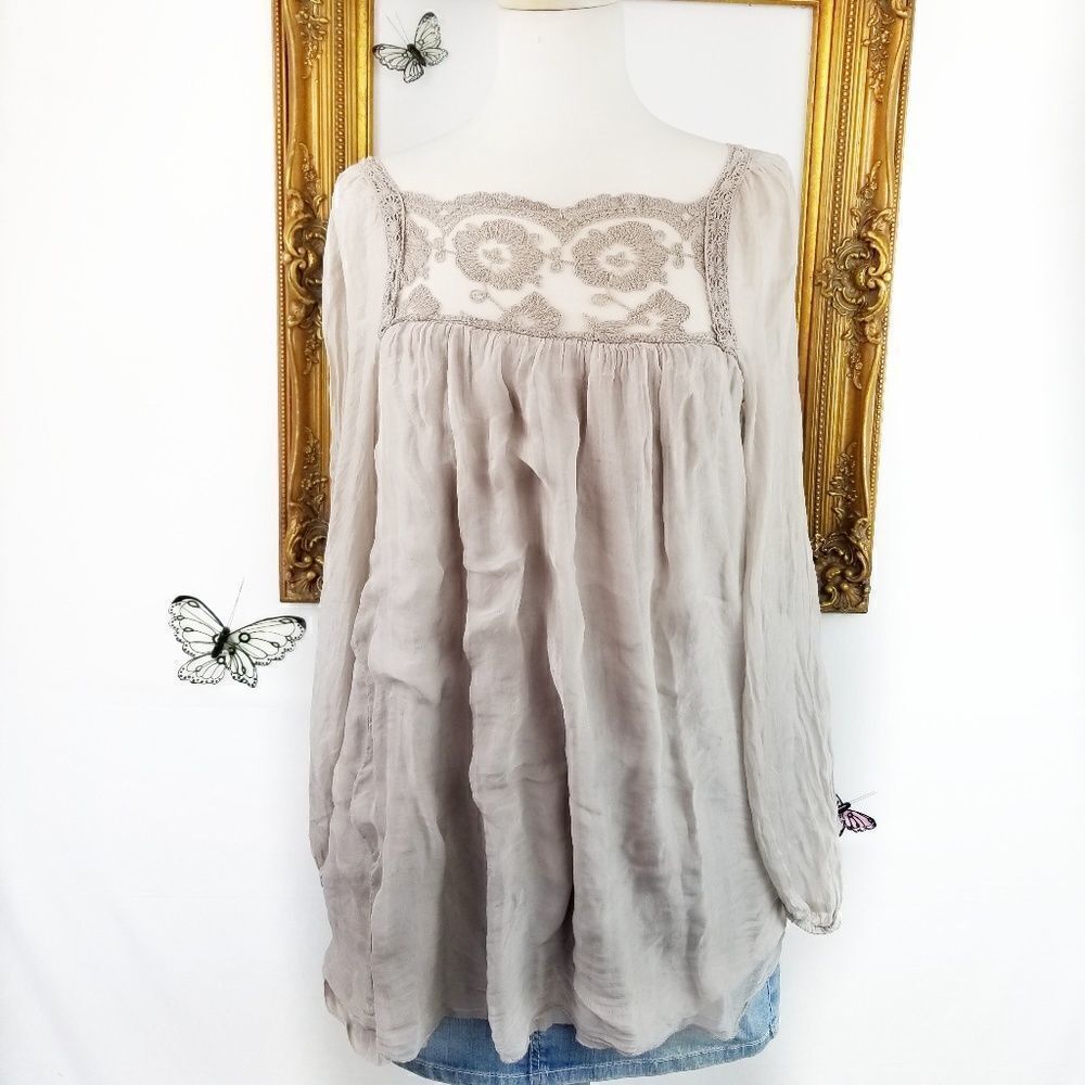 Boho tan silky gauze and lace blouse